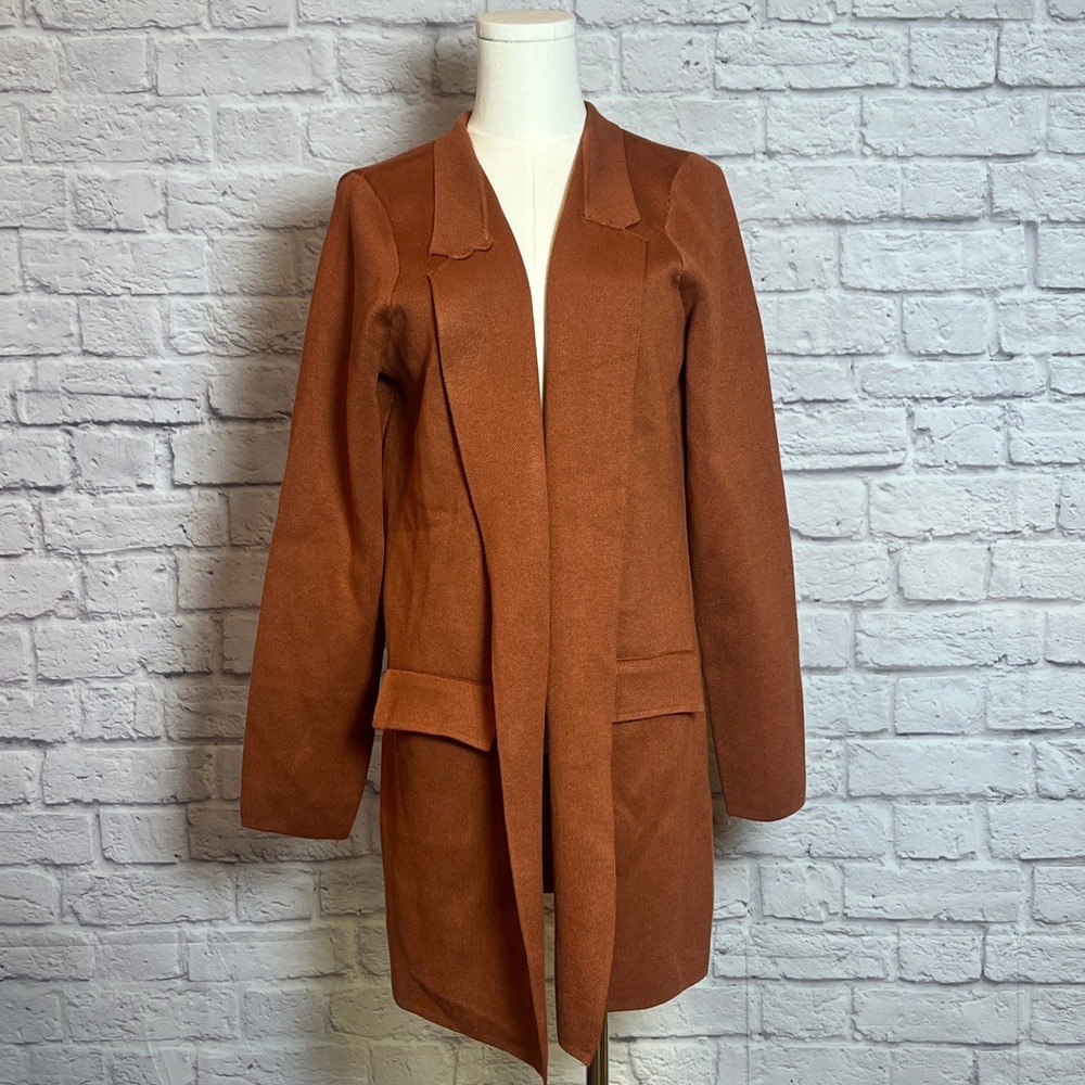 Grace Karin Rust Brown Knit Blazer Jacket L Longline Open Front Fall Cardigan